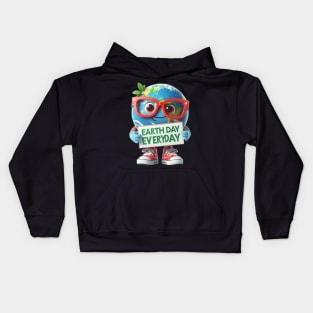 Earth Day Every Day Cute Earth Wearing Red Glasses and Sneakers Kids Hoodie